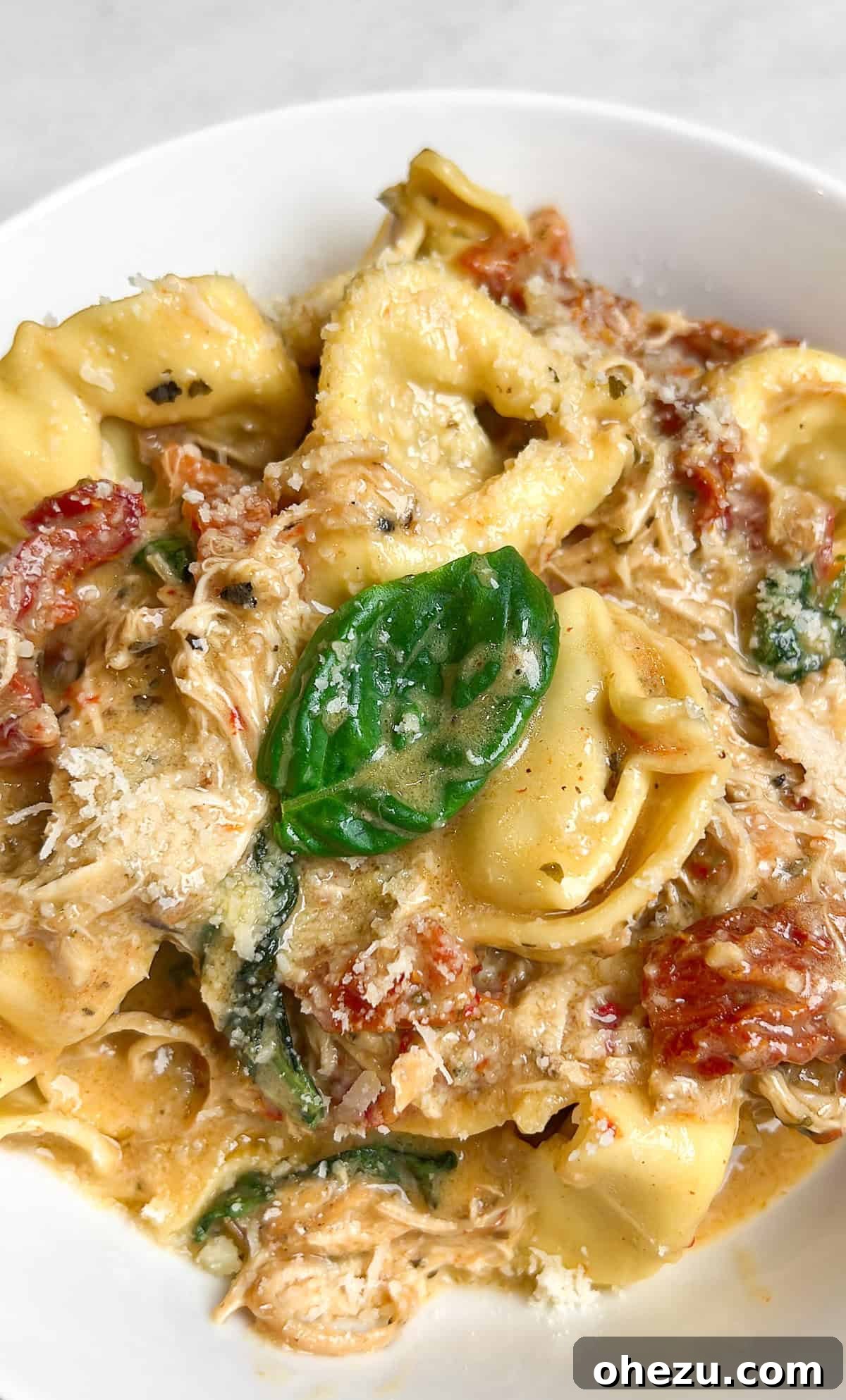 Cooked Slow Cooker Marry Me Tortellini in a serving bowl