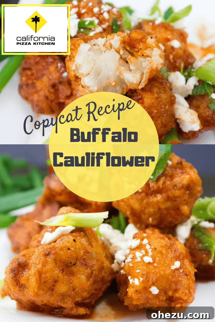 Close-up shot of CPK-style Buffalo Cauliflower, showing the vibrant red sauce and crispy texture, ready to be served.