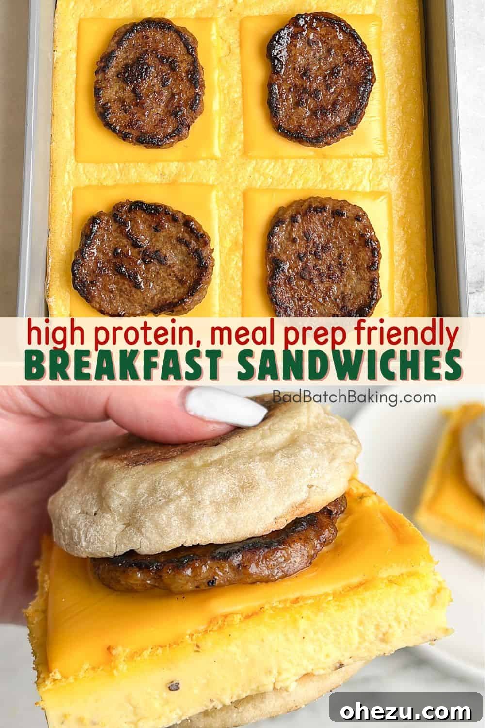 One-Pan Protein Power Breakfast Sandwiches 6 Three perfectly assembled high protein sheet pan breakfast sandwiches, wrapped for freezer storage, showing the egg, cheese, and sausage