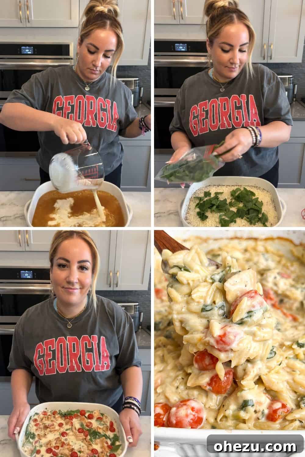 Creamy Tuscan Chicken Orzo Skillet 5 Freshly baked One-Pan Tuscan Chicken Bake, ready to be served
