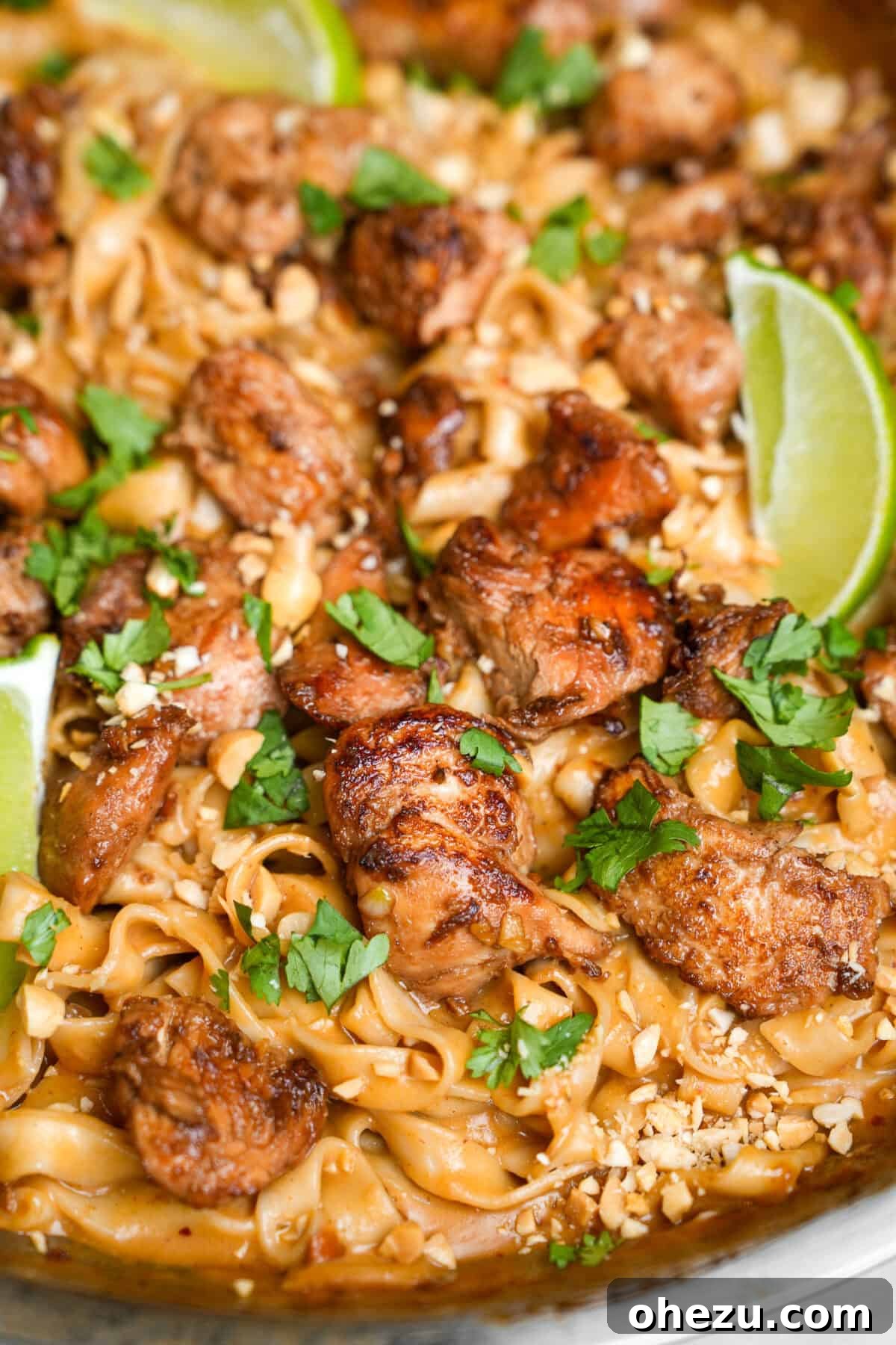 Thai peanut chicken noodles in a pan