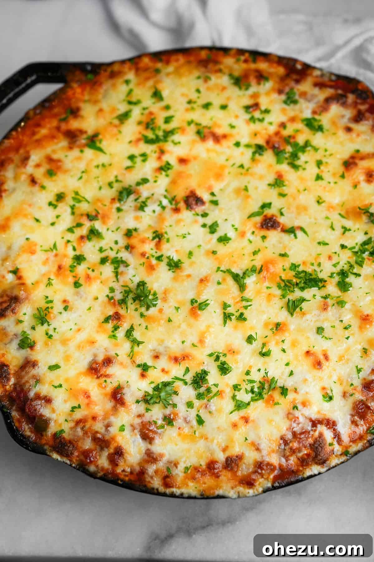 Delicious TikTok Million Dollar Spaghetti baked in a casserole dish