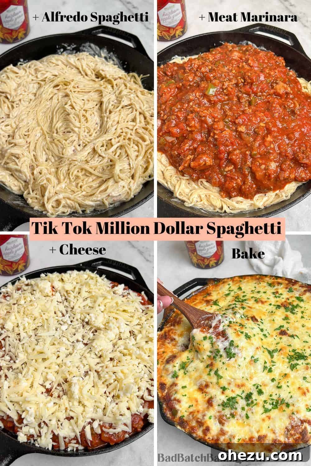 Layers of Million Dollar Spaghetti assembled in a casserole dish before baking, topped with cheese