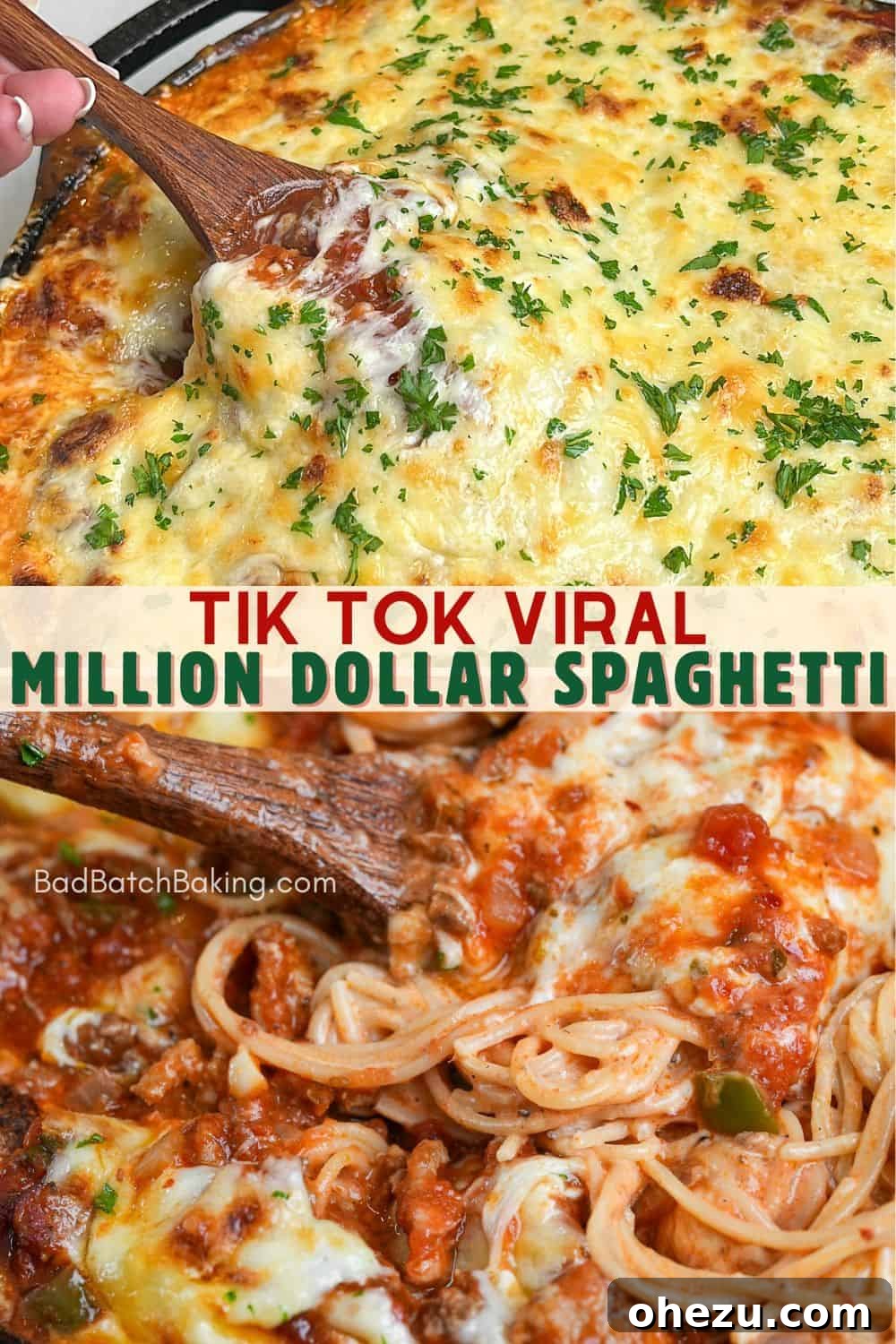 Reheated portion of Million Dollar Spaghetti with melted cheese