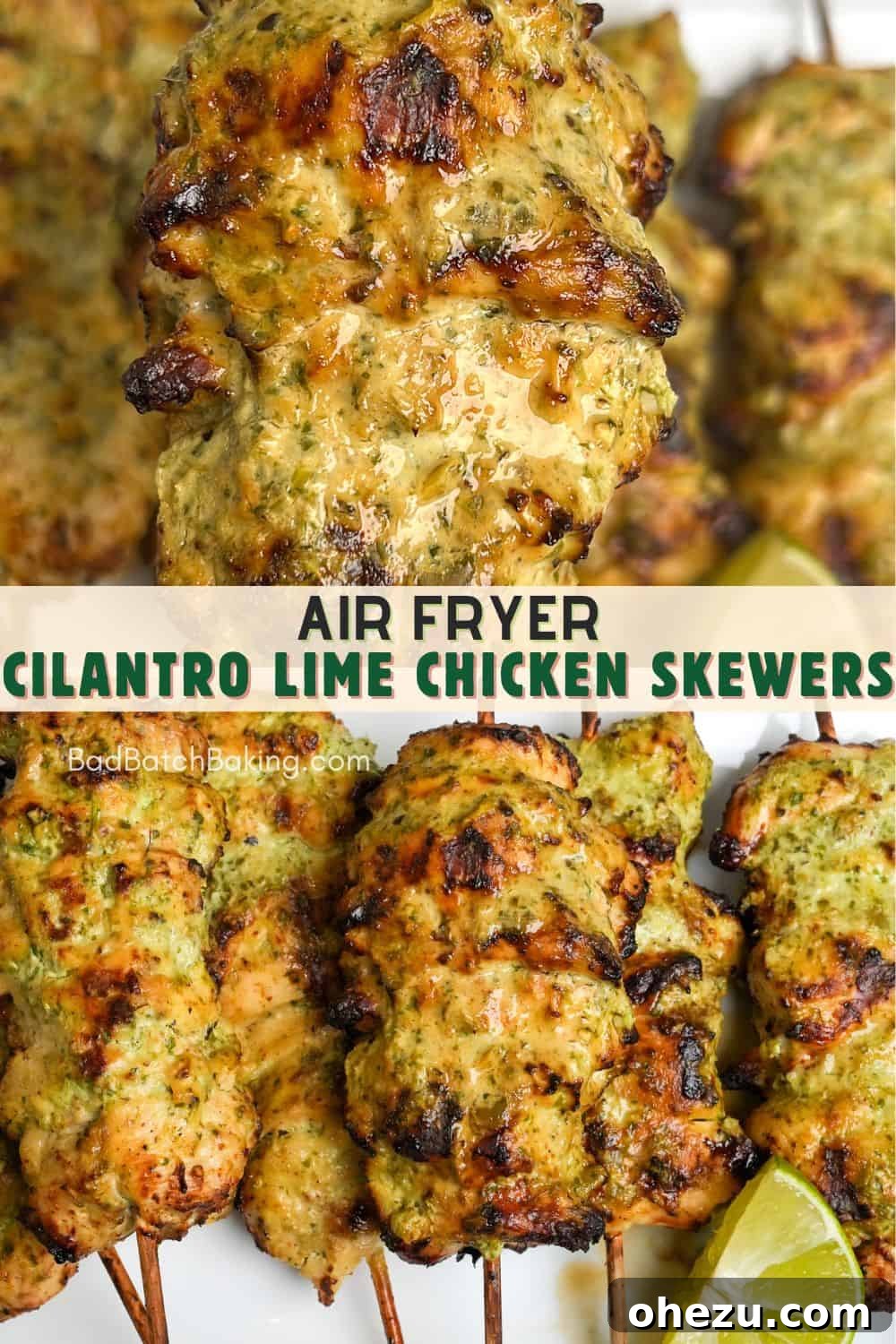 Zesty Cilantro Lime Air Fryer Chicken Skewers 12 Beautifully presented cilantro lime air fryer chicken skewers on a rustic background.