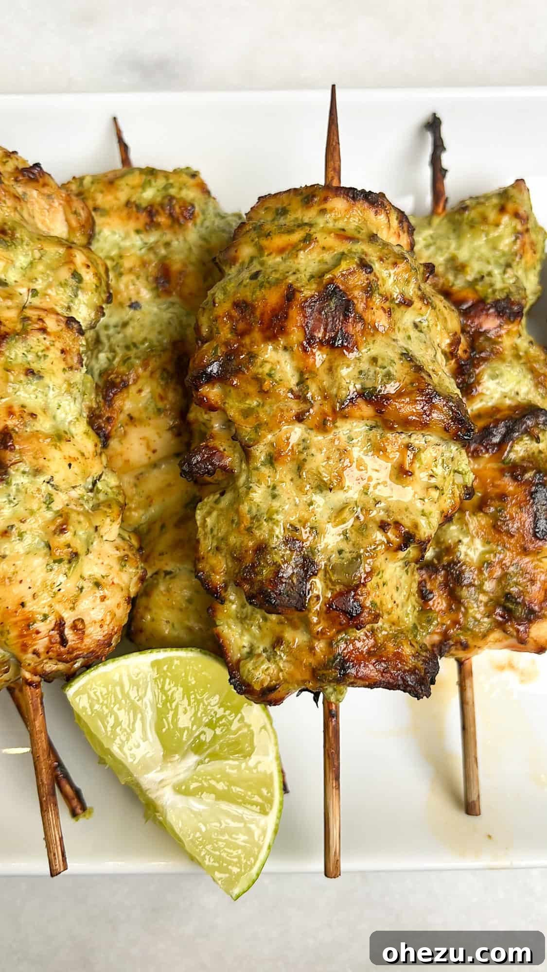 Zesty Cilantro Lime Air Fryer Chicken Skewers 3 Plated cilantro lime chicken skewers garnished with fresh cilantro and lime wedges, showcasing their vibrant appeal.