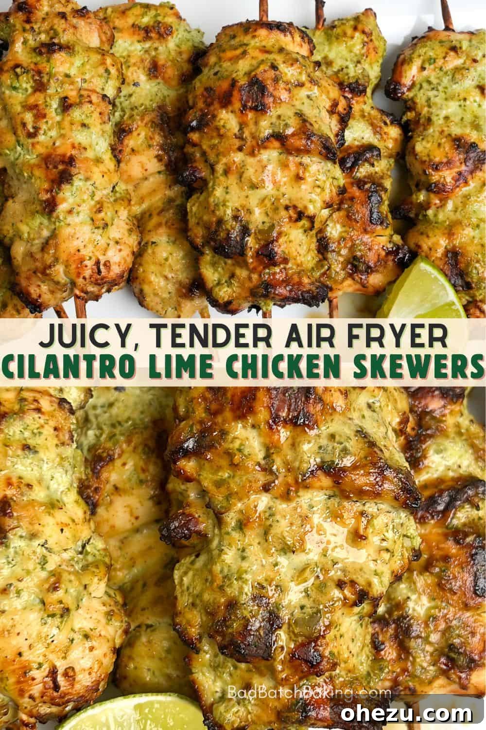 Zesty Cilantro Lime Air Fryer Chicken Skewers 9 Freshly grilled cilantro lime air fryer chicken skewers presented beautifully.