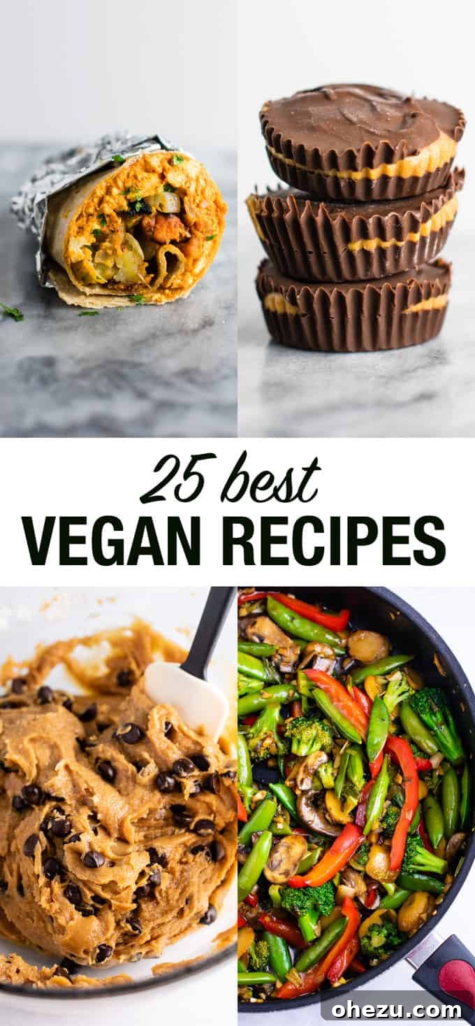 25 Must-Try Vegan Recipes for Plant-Based Perfection 2 Collection of 25 best vegan recipes including breakfast burritos, stir-fry, chocolate chip cookies, and pasta salad, displayed on a wooden table.