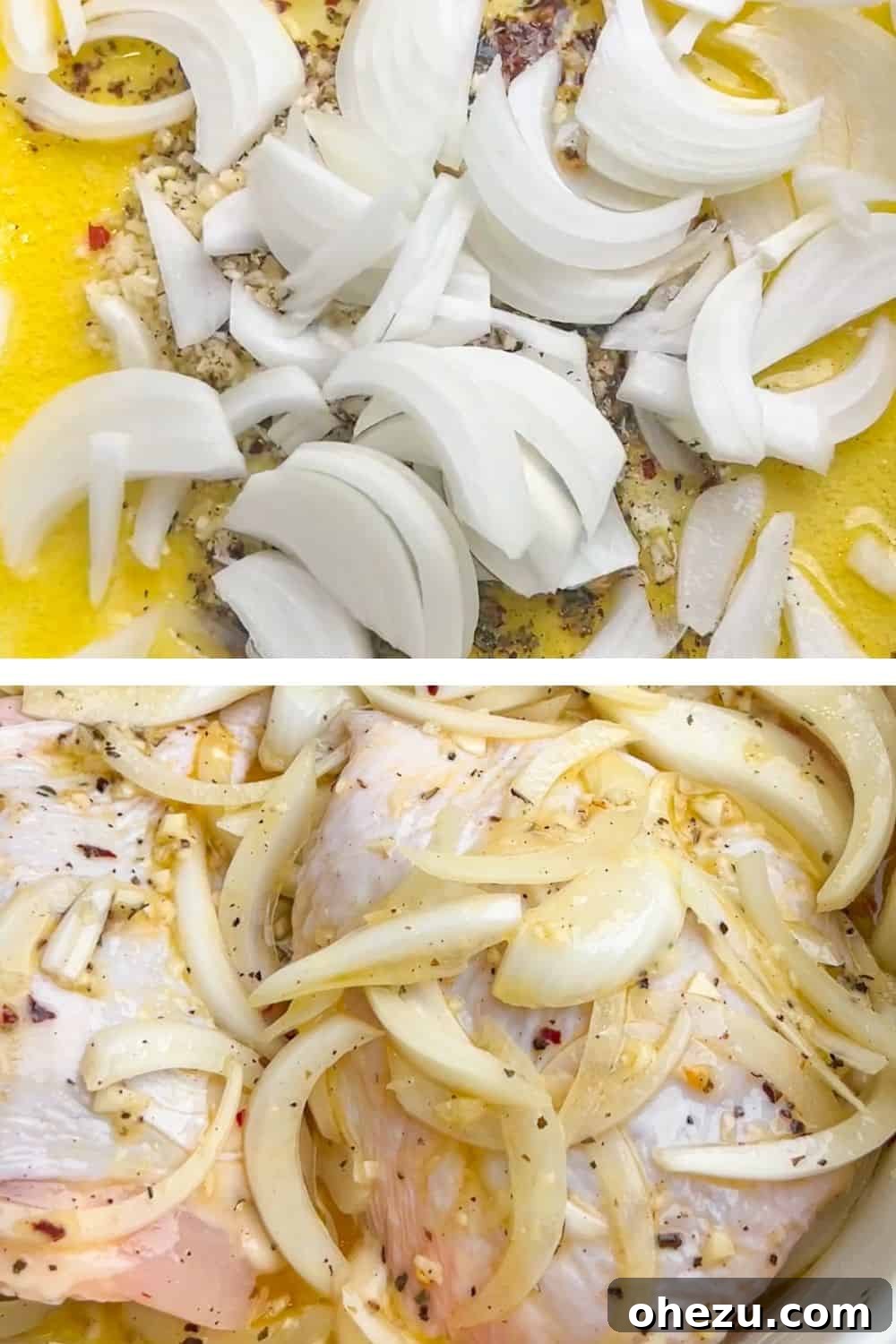 Bone-in chicken thighs coated in a rich herb butter and sliced onions in a roasting pan
