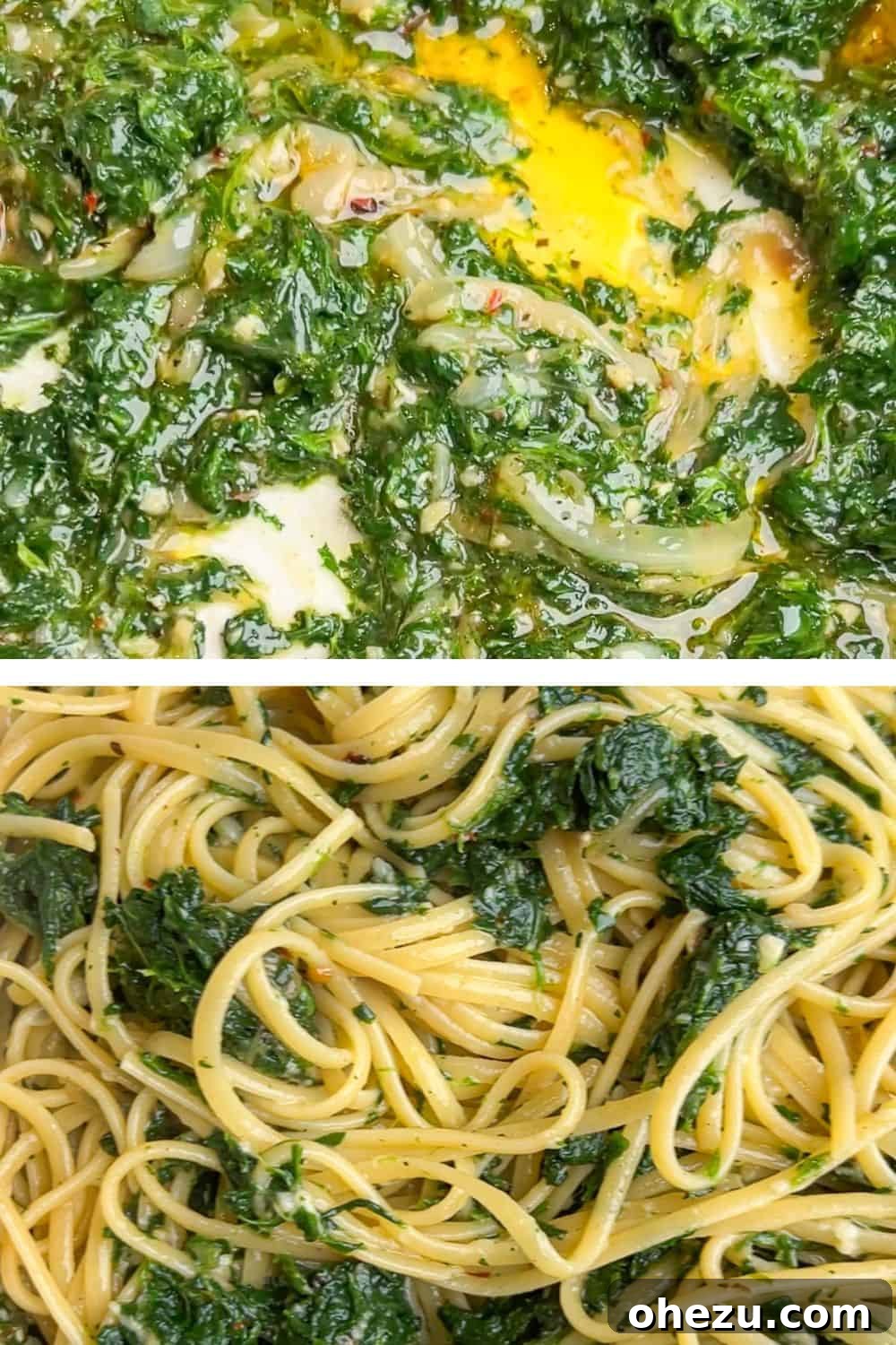 Spinach linguini mixed with savory pan drippings, ready for Parmesan cheese