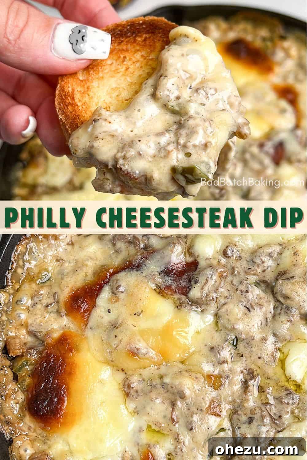 Close-up of baked Philly Cheesesteak Dip, golden brown and steaming, perfect for serving