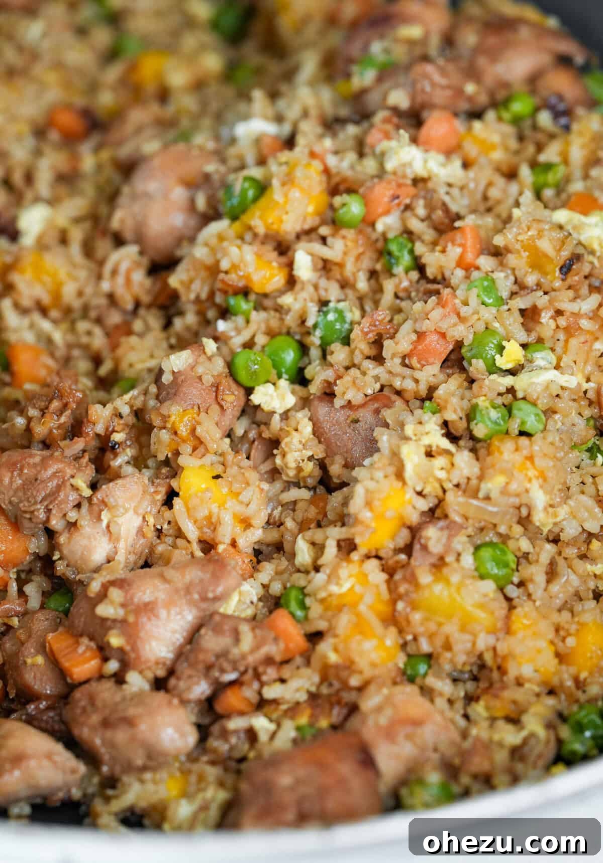 chicken fried rice in a bowl