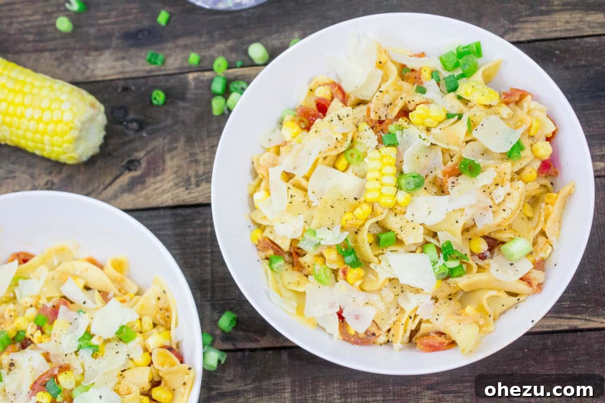 Pinot Grigio Pappardelle with Tomatoes and Corn 3 Close-up of Pinot Grigio Pappardelle with Tomatoes & Fresh Corn
