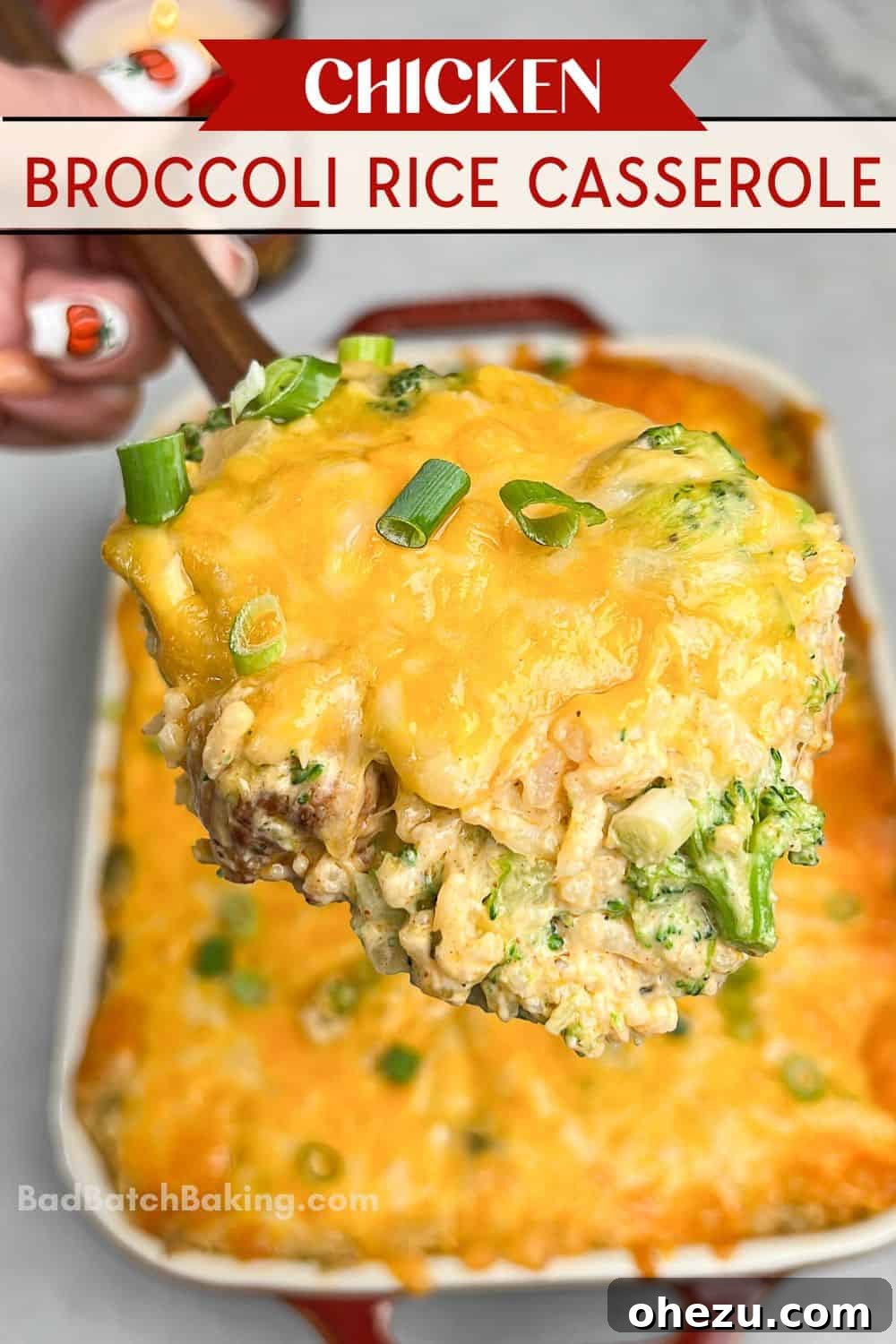 Golden Cheesy Chicken Broccoli Rice Bake 6 Hot and bubbly broccoli rice casserole in a baking pan, fresh from the oven