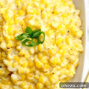 Overhead image of a bowl of crock pot creamed corn.