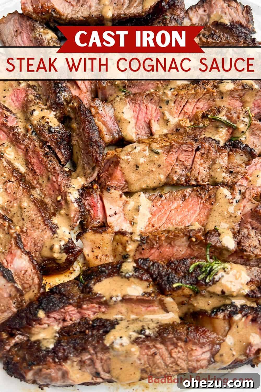 Cognac Kissed Cast Iron Steak 11 Sliced cast iron steak ready to be sauced.