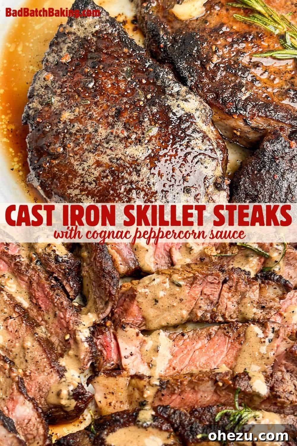 Cognac Kissed Cast Iron Steak 12 Cast iron skillet with a perfectly seared steak.