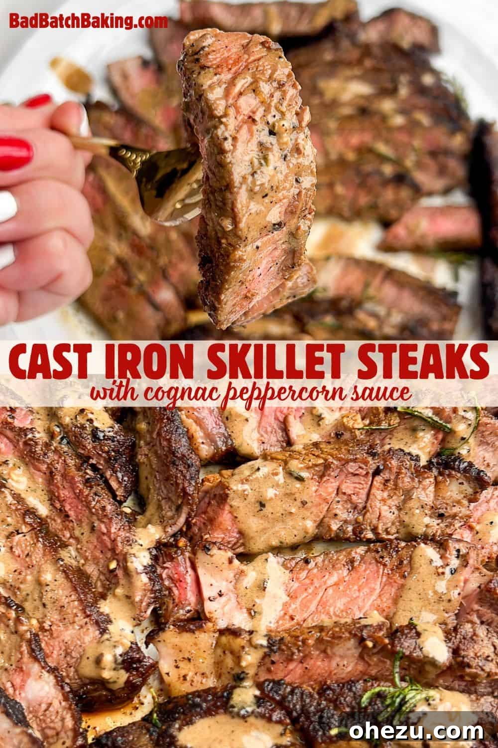 Cognac Kissed Cast Iron Steak 8 Thick cut steak searing in a hot cast iron pan.