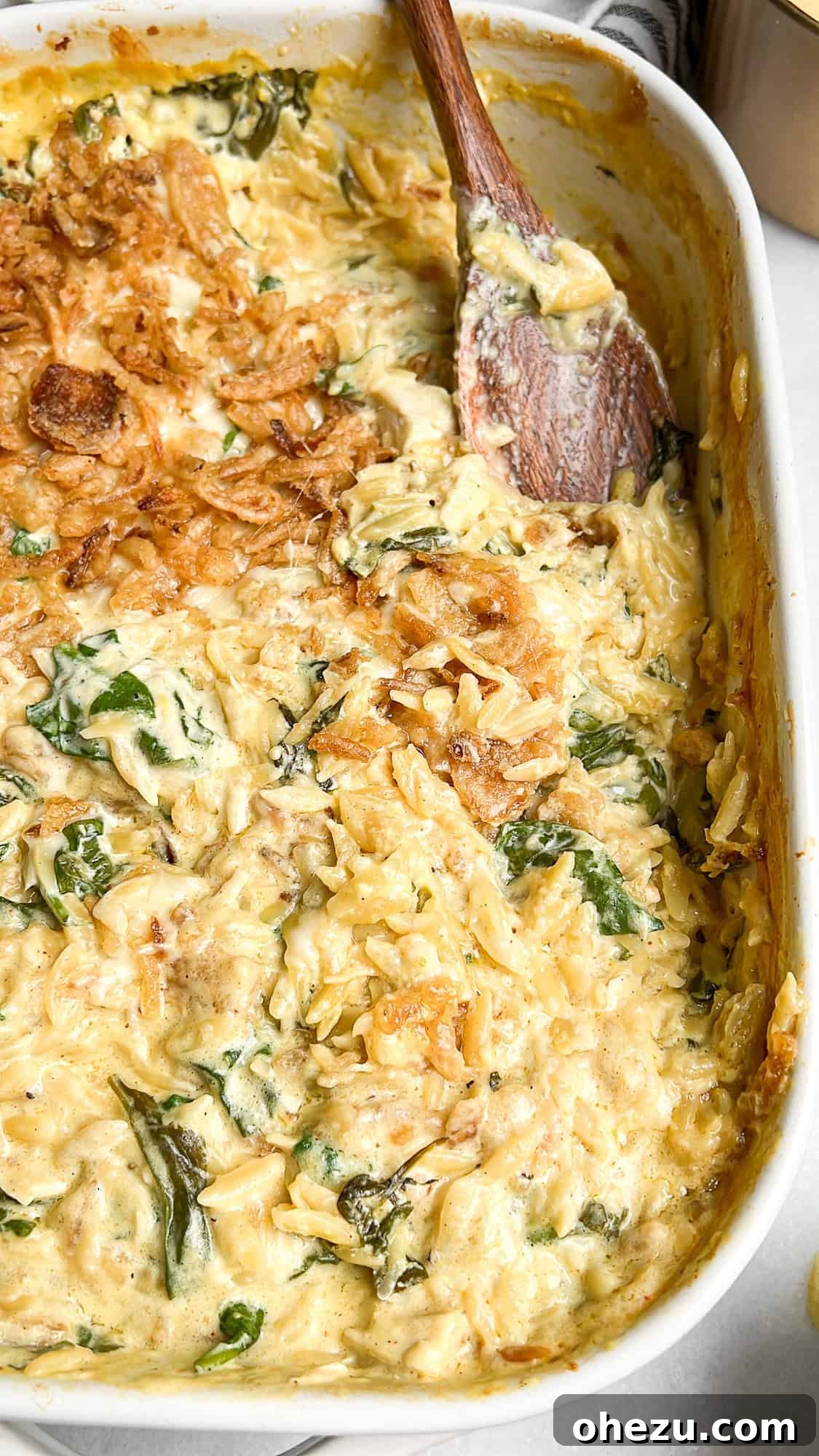 Cheesy Monterey Chicken Orzo Skillet 13 Full Monterey Chicken casserole dish on a kitchen counter, ready for serving
