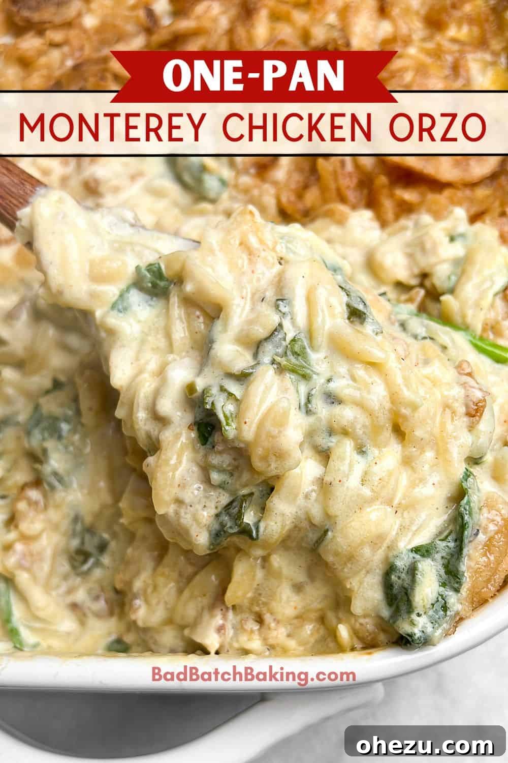 Cheesy Monterey Chicken Orzo Skillet 4 Close-up of bubbling Monterey Chicken Orzo casserole fresh from the oven, showing melted cheese and crispy onions