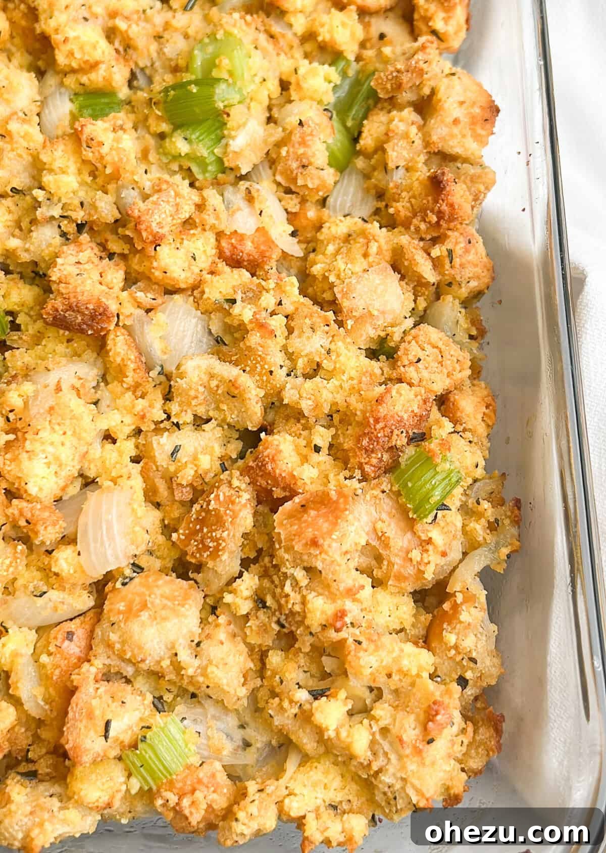 Another appealing shot of Southern cornbread dressing in a baking dish, highlighting its rustic charm.
