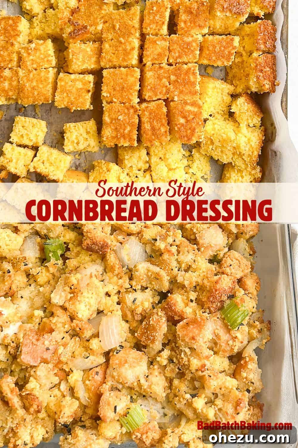 Hands serving a portion of Southern cornbread dressing onto a festive plate.