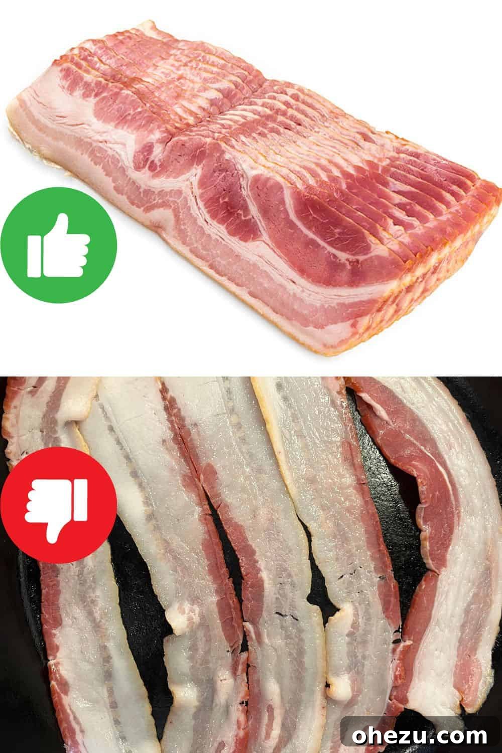 Comparison of bacon types, illustrating the importance of choosing bacon with a balanced fat-to-meat ratio for optimal results.