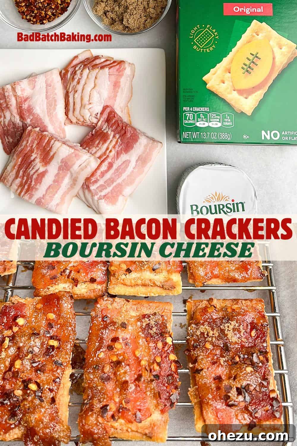 A close-up of a stack of Boursin Candied Bacon Crackers, showing their texture and appetizing layers, ideal for showcasing how to make them.
