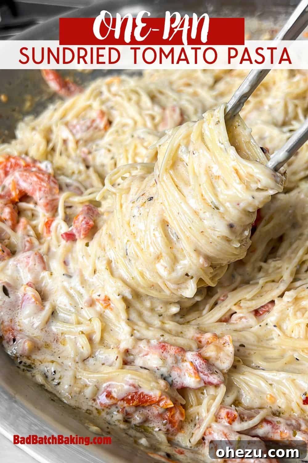 Effortless Skillet Sun Dried Tomato Pasta 7 A close-up of a portion of one-pan pasta in a bowl, showing the creamy sauce and sun-dried tomatoes, ready to be enjoyed.