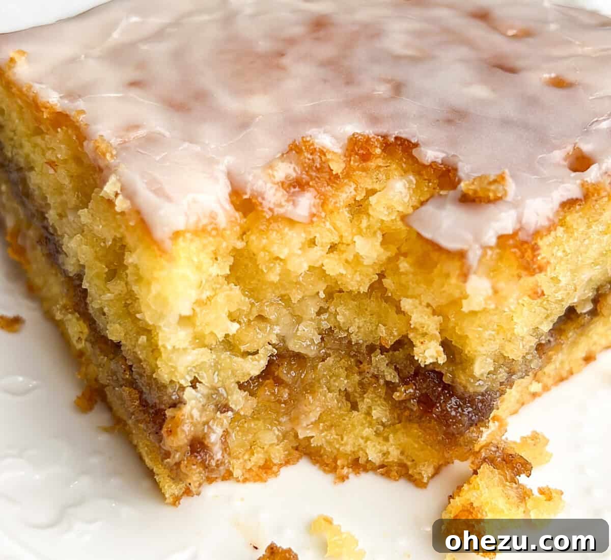 Close-up of a slice of Honey Bun Cake showing the moist texture and cinnamon swirl