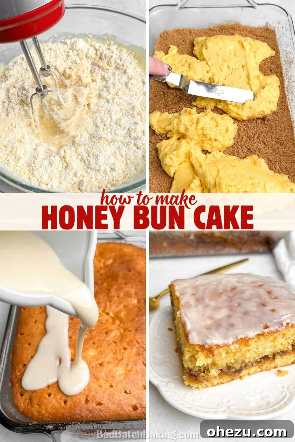 Steps for assembling the viral Honey Bun Cake, showing the layers