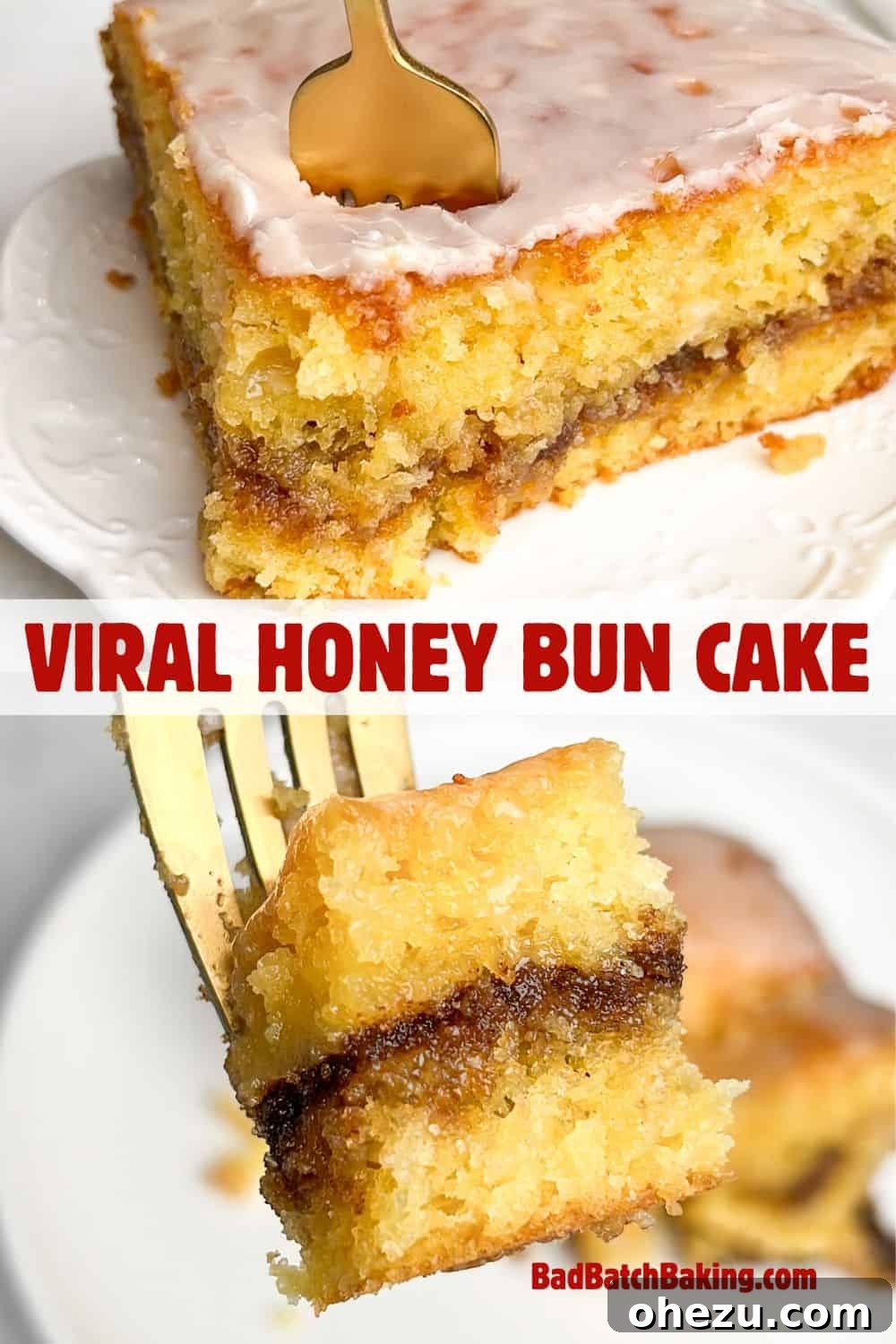 Close-up of a perfectly sliced piece of viral Honey Bun Cake