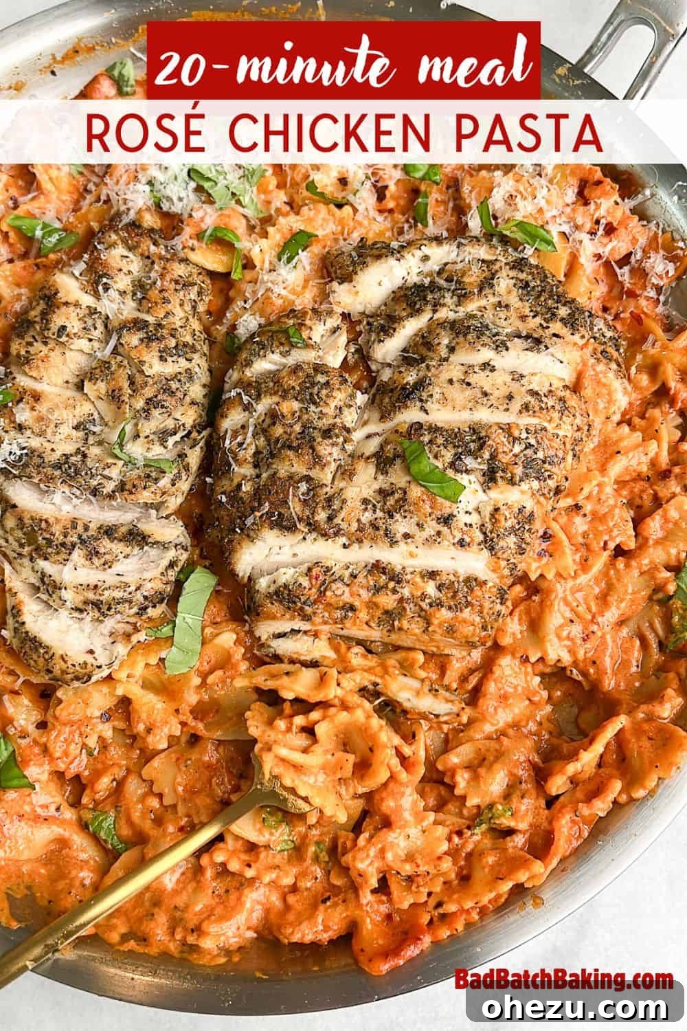 Delicious rose pasta with basil garnish