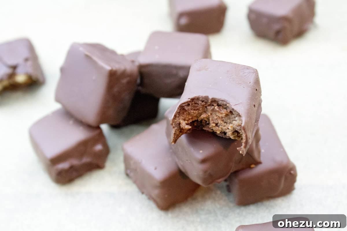 A small platter filled with freshly made Triple Chocolate Dipped Cheesecake Bites, glistening with their rich chocolate coating.