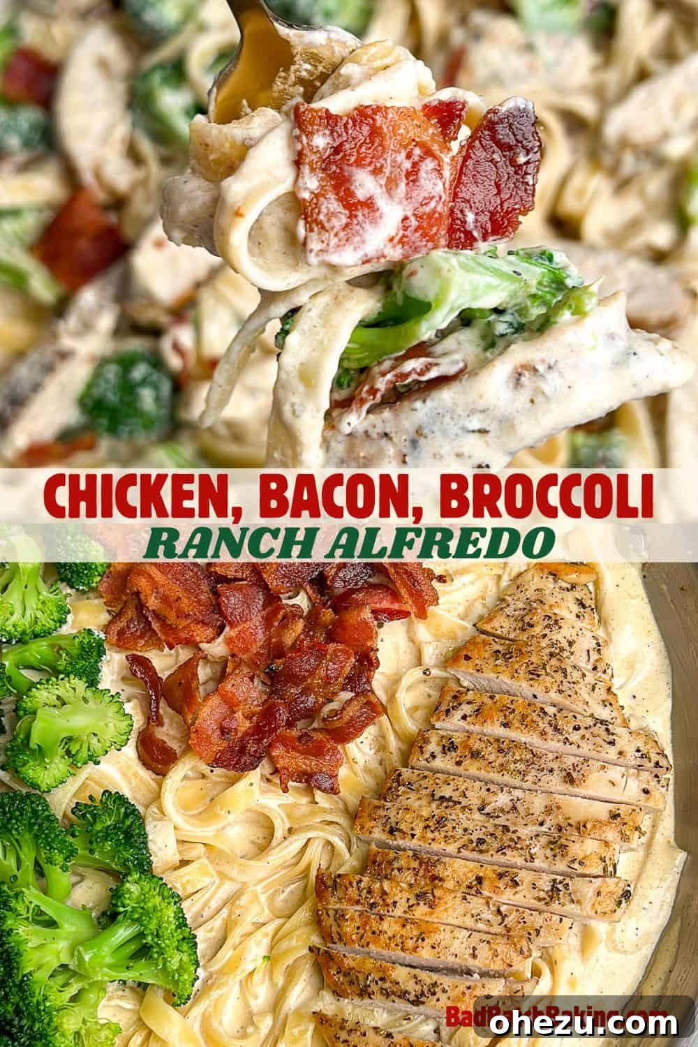 Golden Chicken & Crispy Bacon Broccoli Alfredo 9 Final plated dish of chicken fettuccini alfredo