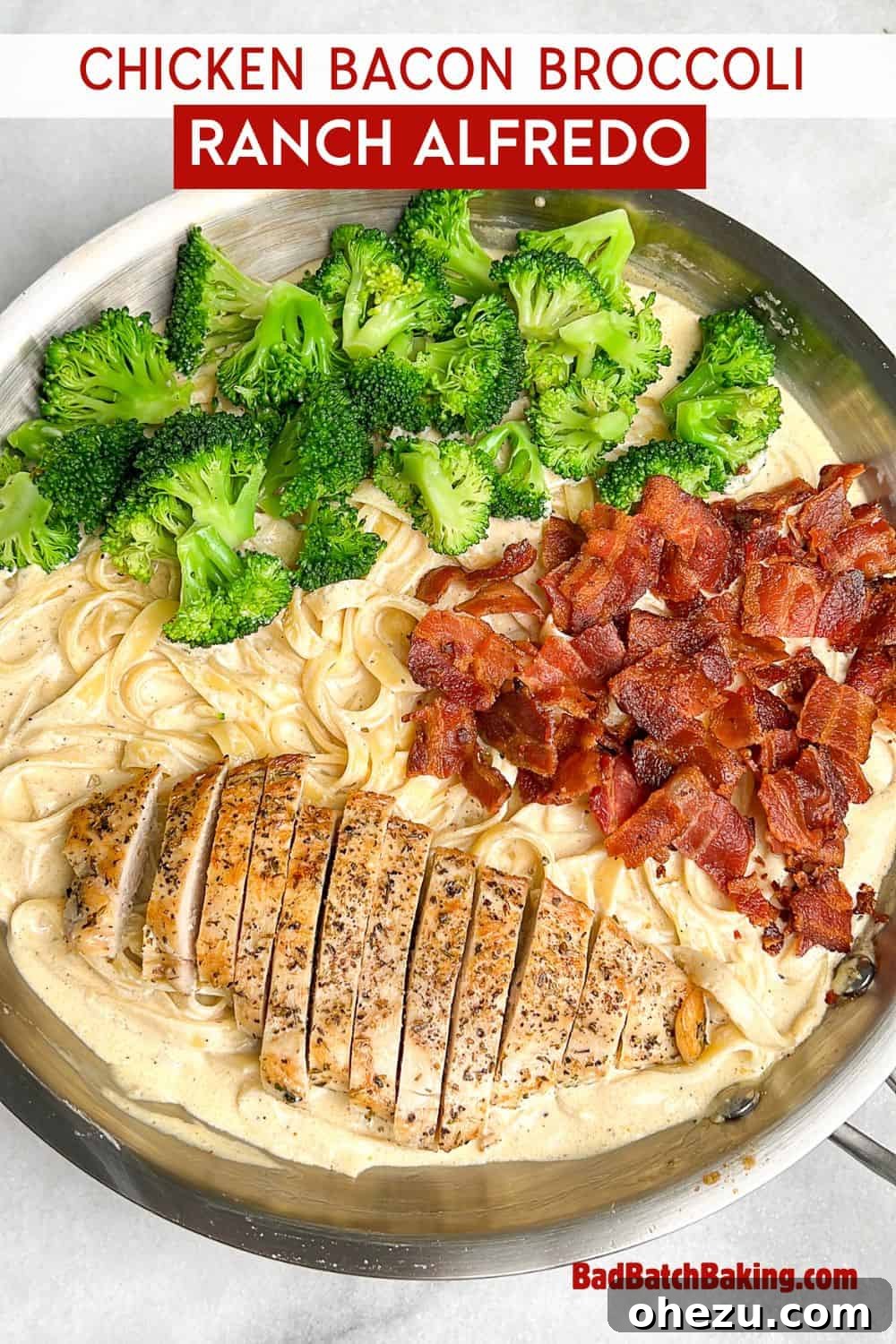 Golden Chicken & Crispy Bacon Broccoli Alfredo 6 Close-up of chicken fettuccini alfredo ready to eat