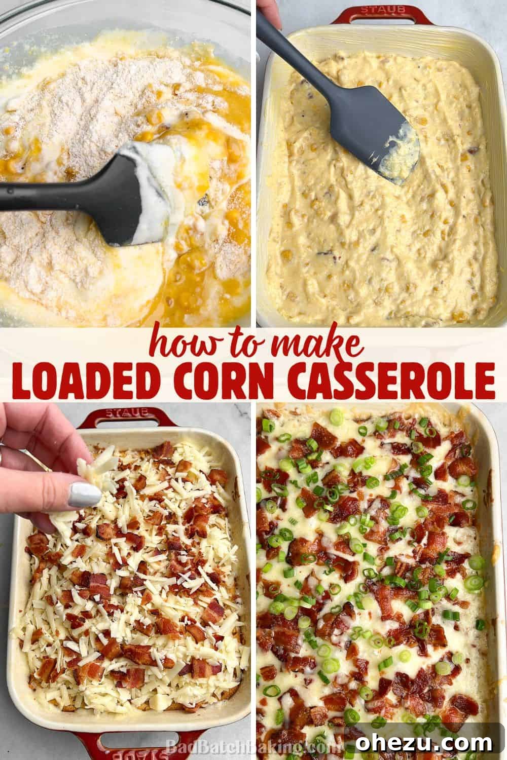 The finished holiday side dish, a loaded corn casserole, garnished with fresh green onions