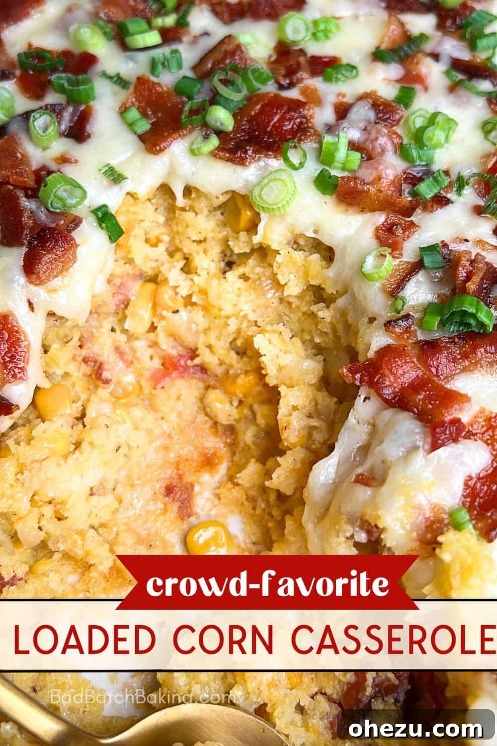 A beautiful, rustic holiday side dish recipe, highlighting the loaded corn casserole