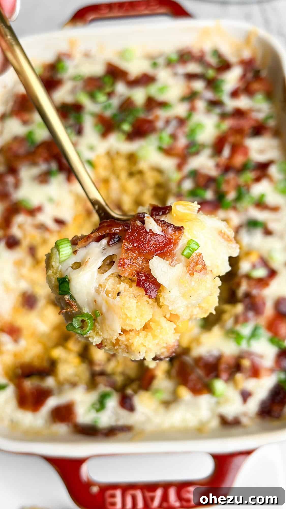 Beautifully presented loaded corn casserole, a perfect holiday side dish