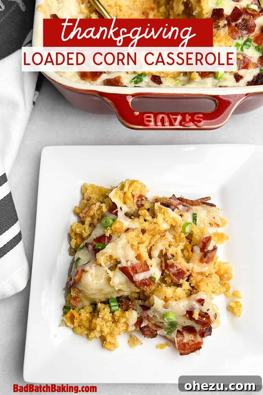 Thanksgiving side dish, close-up of the delicious loaded corn casserole