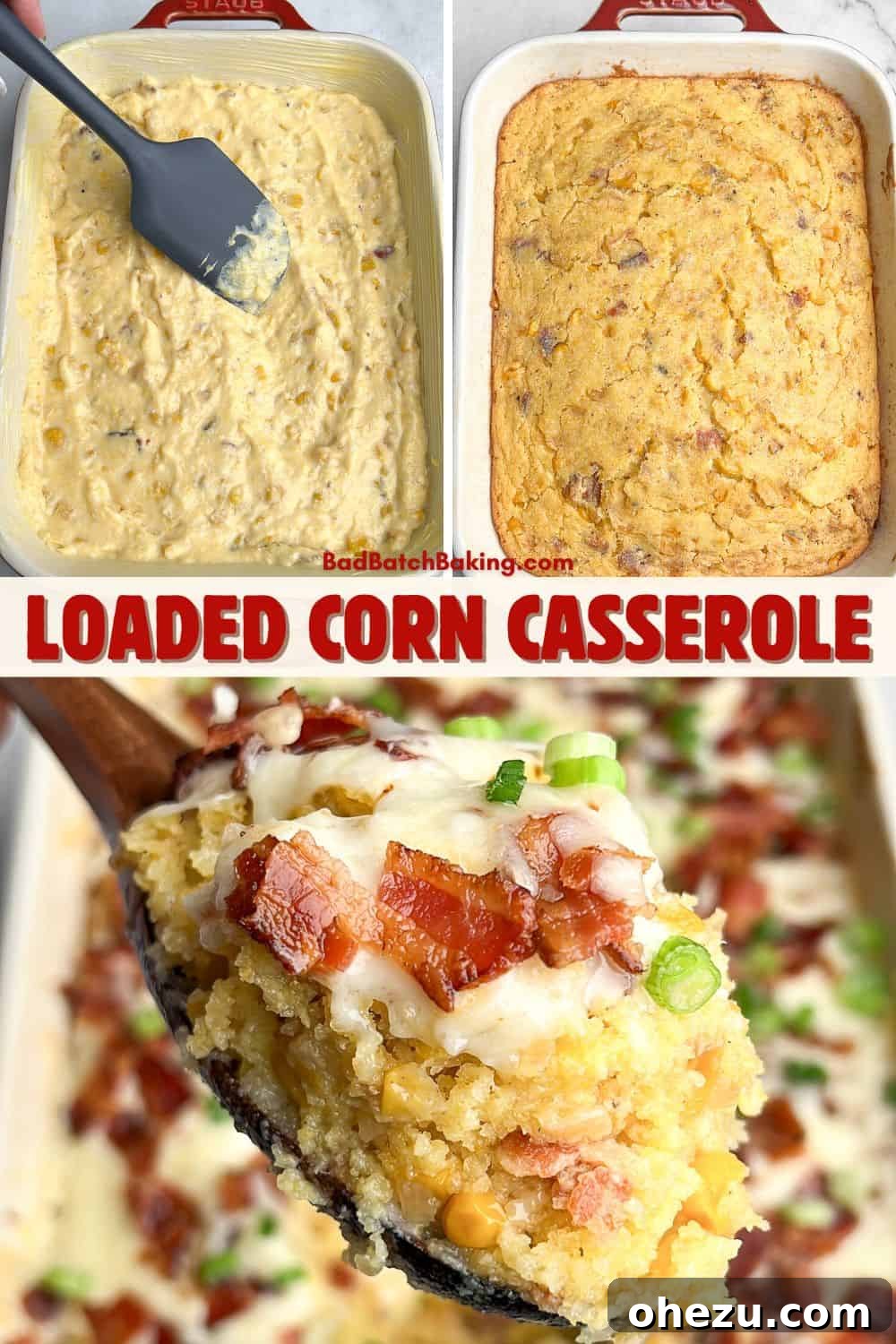 A Thanksgiving table setting featuring the loaded corn casserole as a centerpiece side dish
