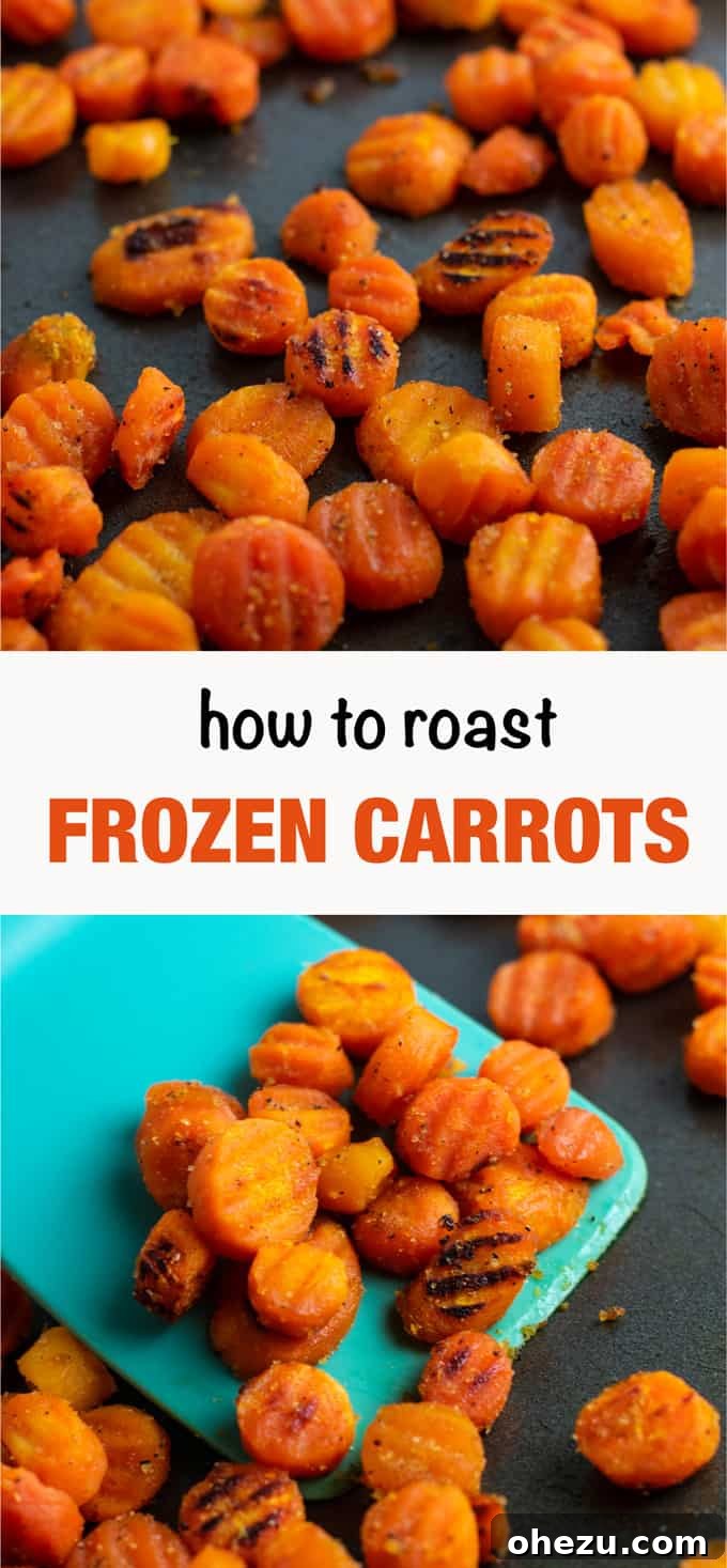 An inspirational image featuring the text "How to Roast Frozen Carrots" set against a backdrop of delicious roasted carrots, ideal for social media sharing.
