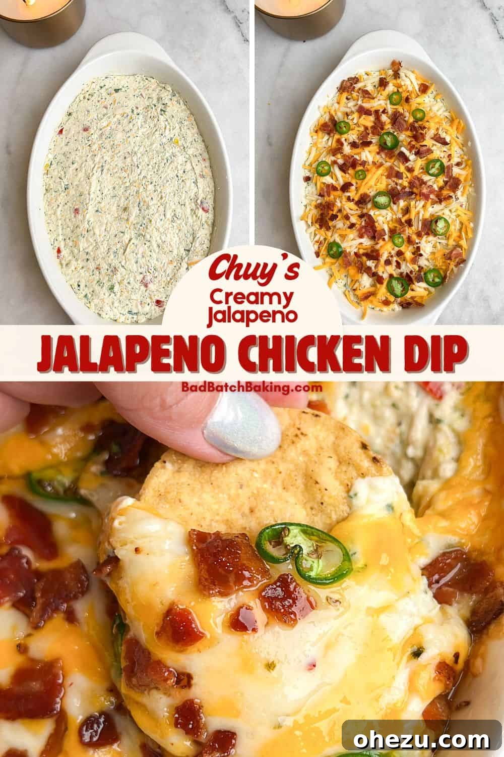 Creamy Baked Tex-Mex Jalapeno Chicken Dip 9 Warm and cheesy baked jalapeno chicken dip being scooped from a dish