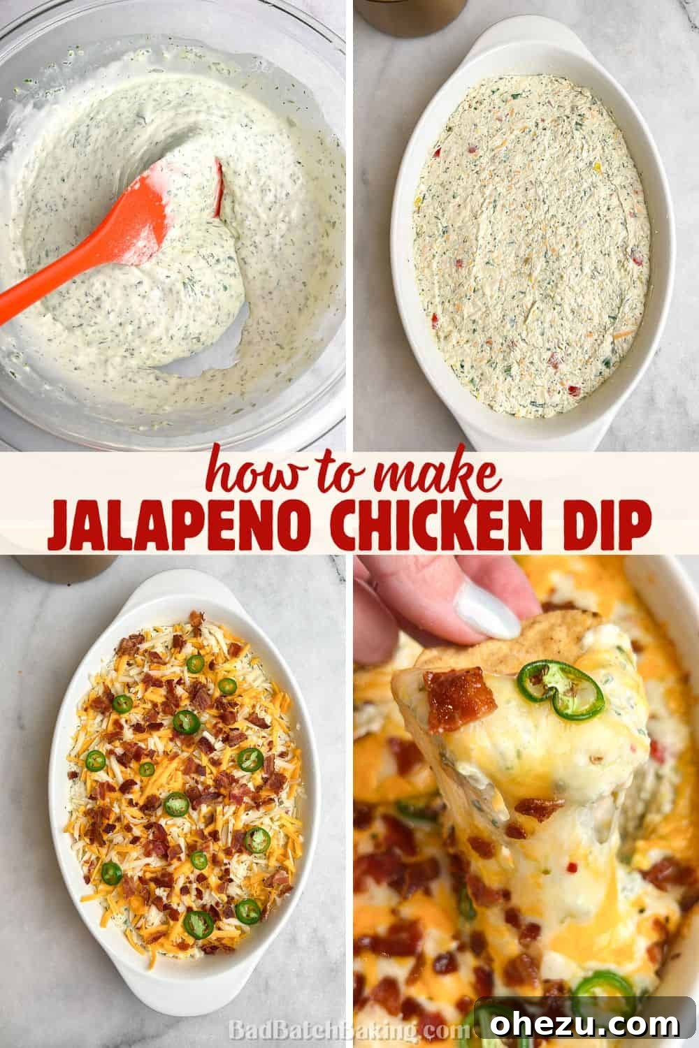 Creamy Baked Tex-Mex Jalapeno Chicken Dip 6 Close-up of baked jalapeno chicken dip in a serving dish, with melted cheese and toppings