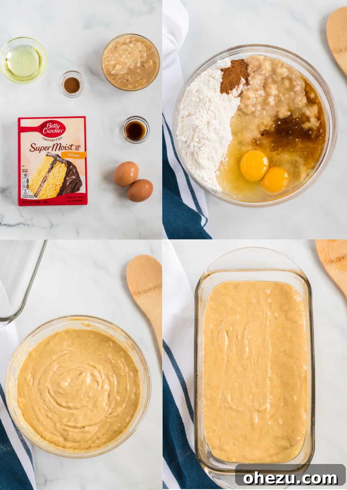 step by step images showing ingredients for the banana bread, mixed in a bowl, and the batter poured into the baking loaf pan