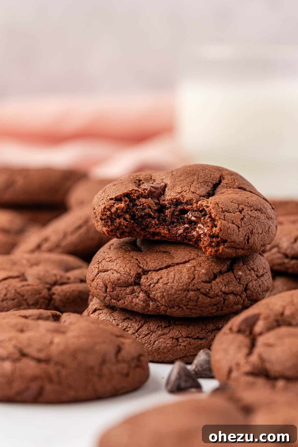 Irresistible Chocolate Cake Mix Cookies 16 Close-up of a chocolate cake mix cookie with a bite taken out, showing its soft and gooey interior