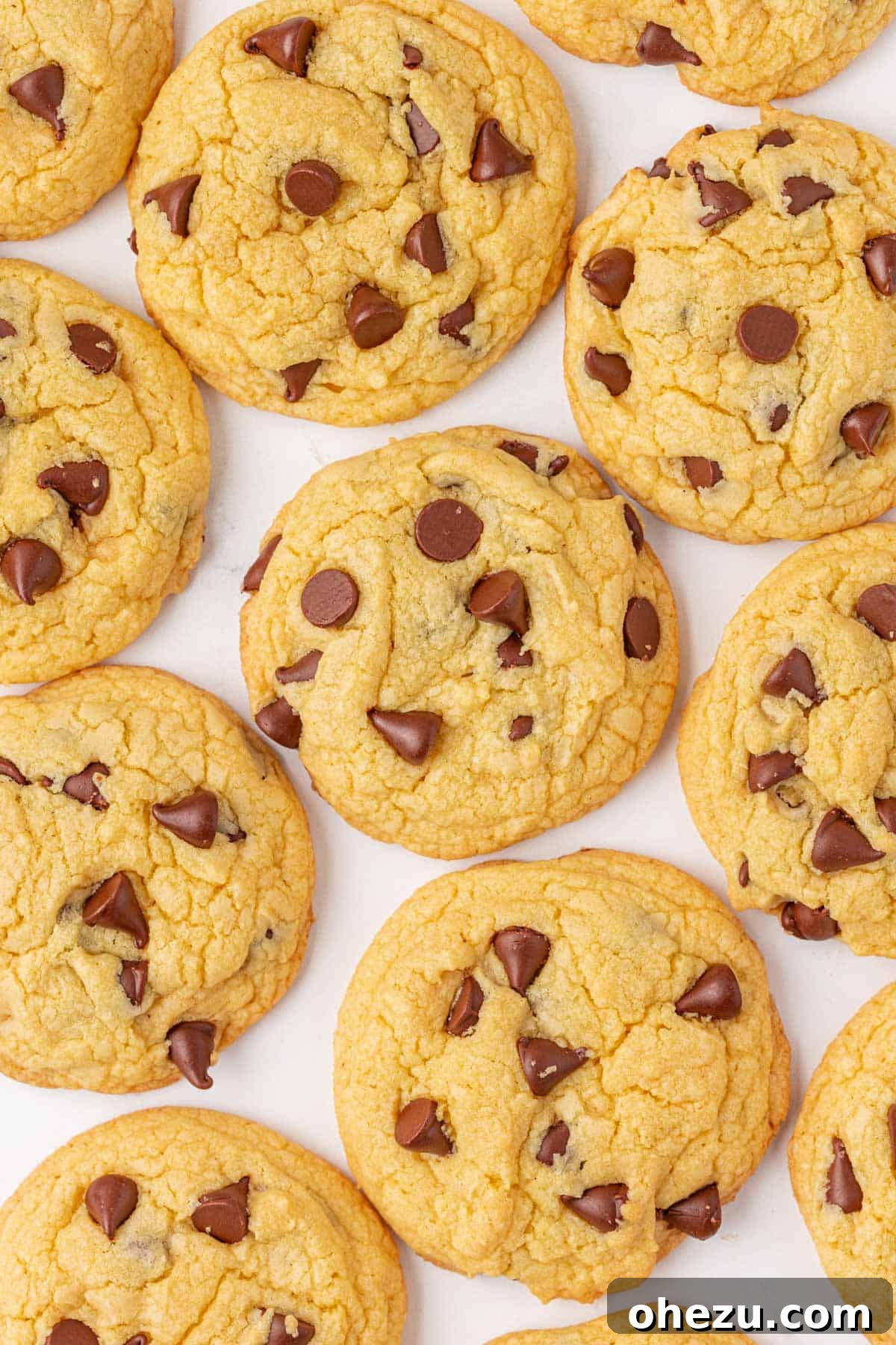 A close-up shot of a single cake mix chocolate chip cookie, perfectly baked