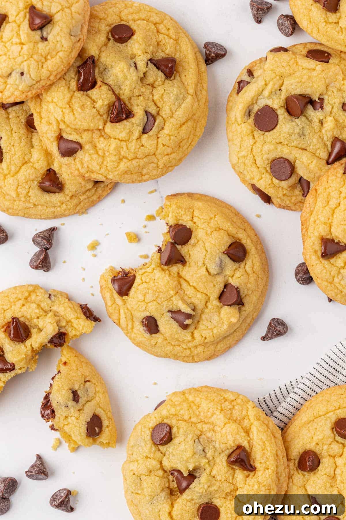 A plate of freshly baked cake mix chocolate chip cookies, garnished slightly