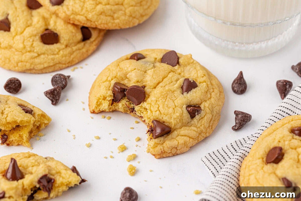 A cake mix chocolate chip cookie with a bite taken out, revealing its soft interior