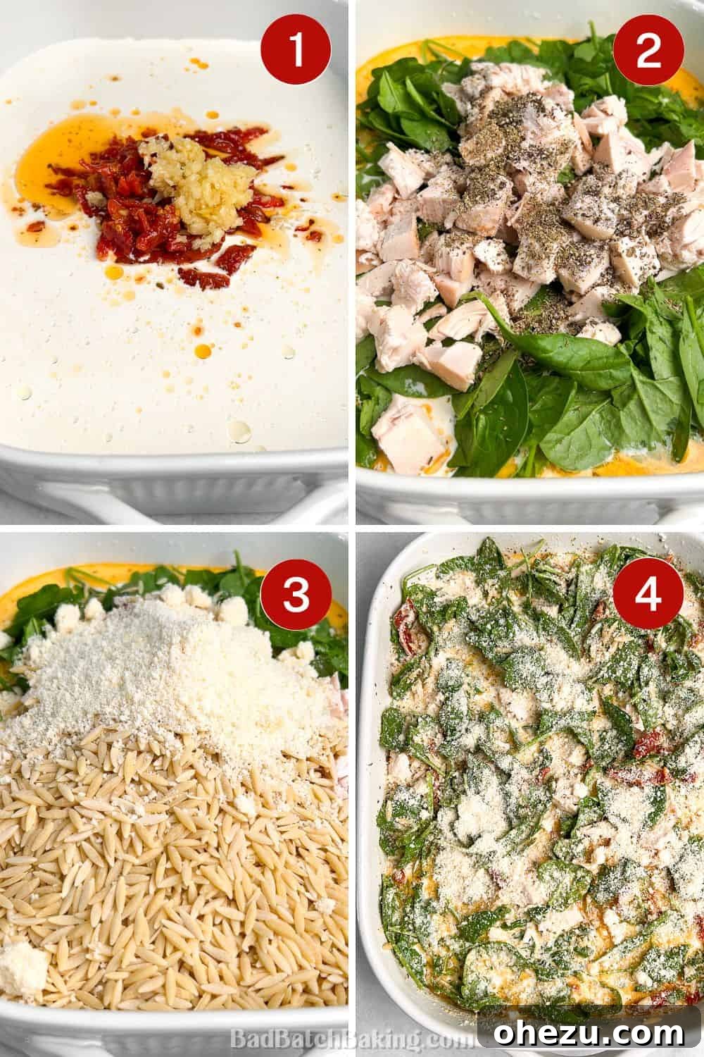 Skillet Chicken Orzo That Wins Hearts 4 A visual guide showing four easy steps to prepare the one-pan Marry Me Chicken Orzo, from combining ingredients to baking.